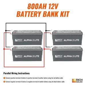 Rich Solar - 800Ah 12V LiFePO4 Off-Grid Battery Kit | 10.2kWh Deep Cycle Lithium Battery Bank | 4 X ALPHA 2 LITE in Parallel