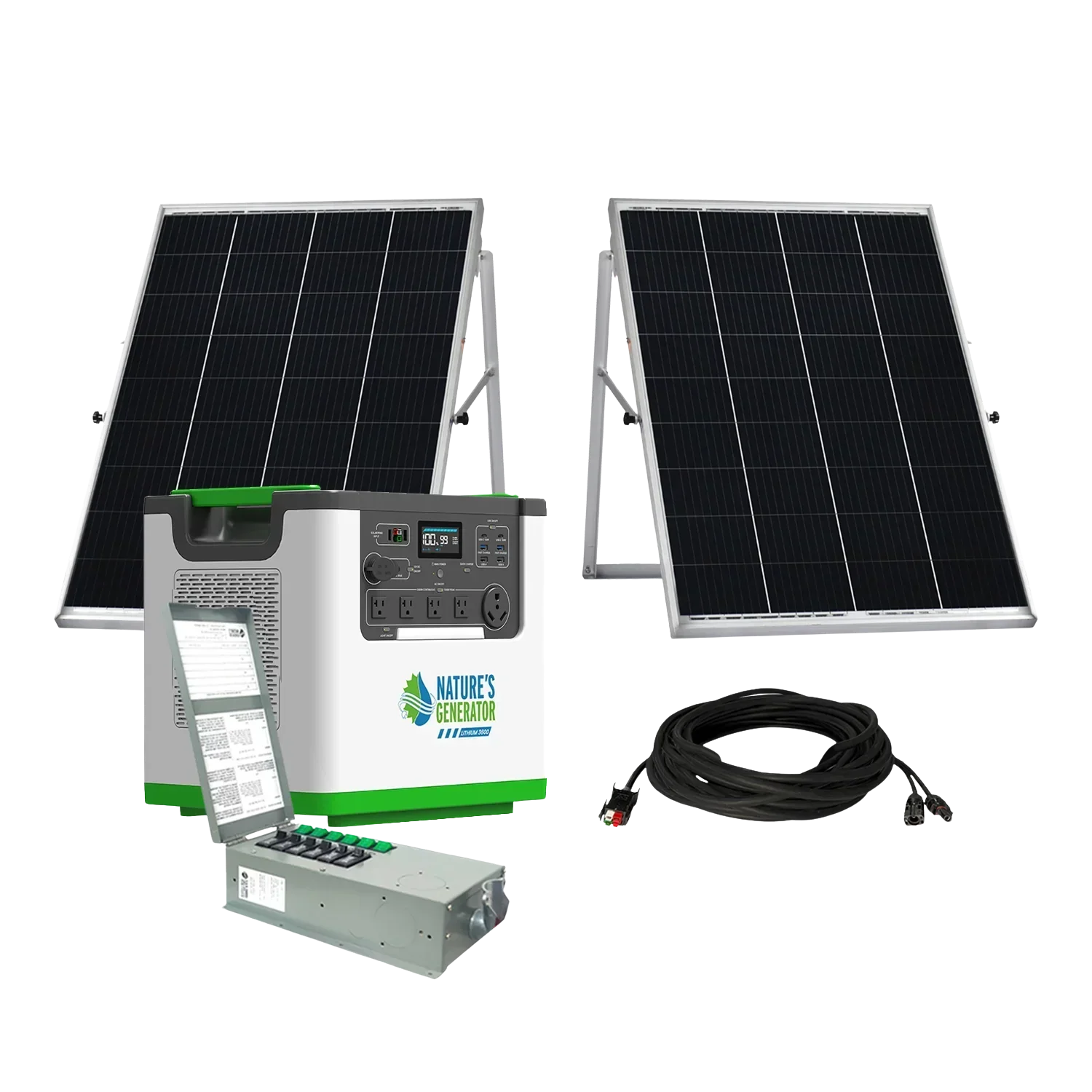 Lithium_3600_with_100W_Solar_Panels_and_Transfer_Switch.png Nature's Generator Lithium 3600 Solar Generator and Transfer Switch