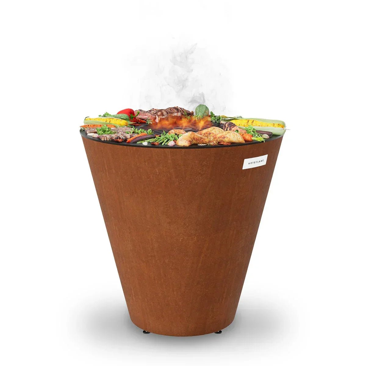 One_Series_30_Food.jpg Arteflame ONE30 — 30″ One Series Flat-Top Charcoal Grill & Fire Bowl (Single-Piece CORTEN Steel)