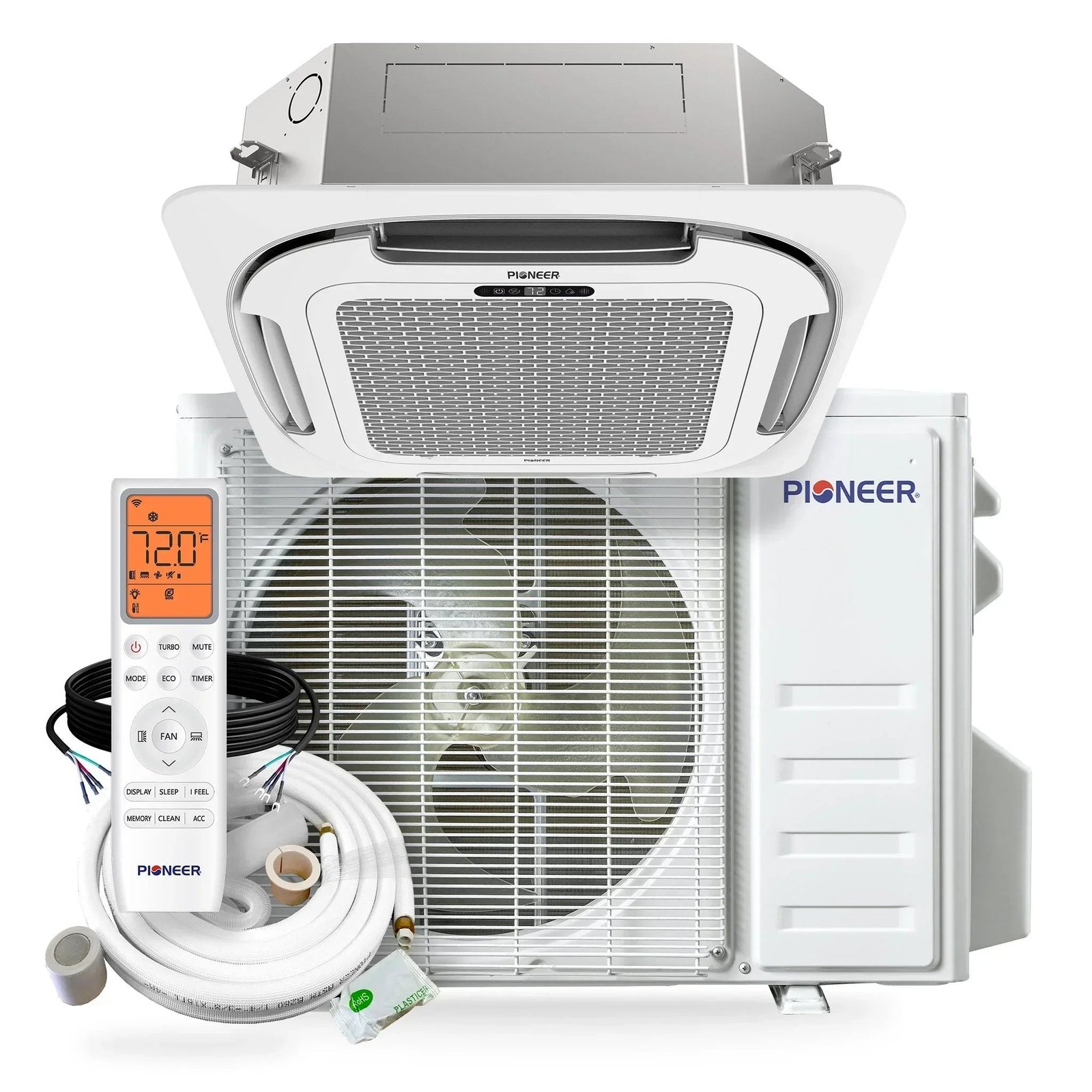 ultra-cassette-main-2448-S-1.jpg Pioneer® Quantum Ultra™ 23,000 BTU 22.5 SEER2 230V 8-Way Ceiling Cassette Ductless Mini-Split Air Conditioner Inverter Heat Pump Full Set - Image 1